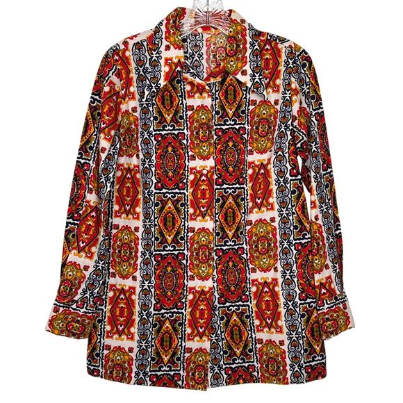 Vintage 1970s Bold Print Cotton dagger collar Shirt Boho Mod Festival medium - Picture 1 of 13